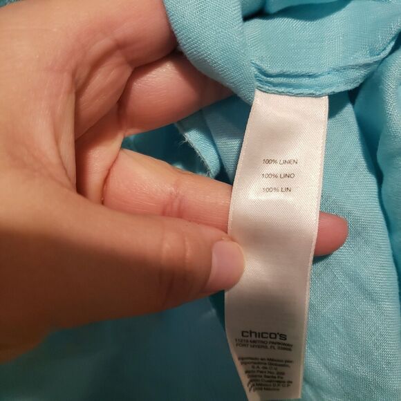 Chicos 1 Long Sleeve Light Aqua Shirt Blouse 100% Linen - Picture 6 of 10